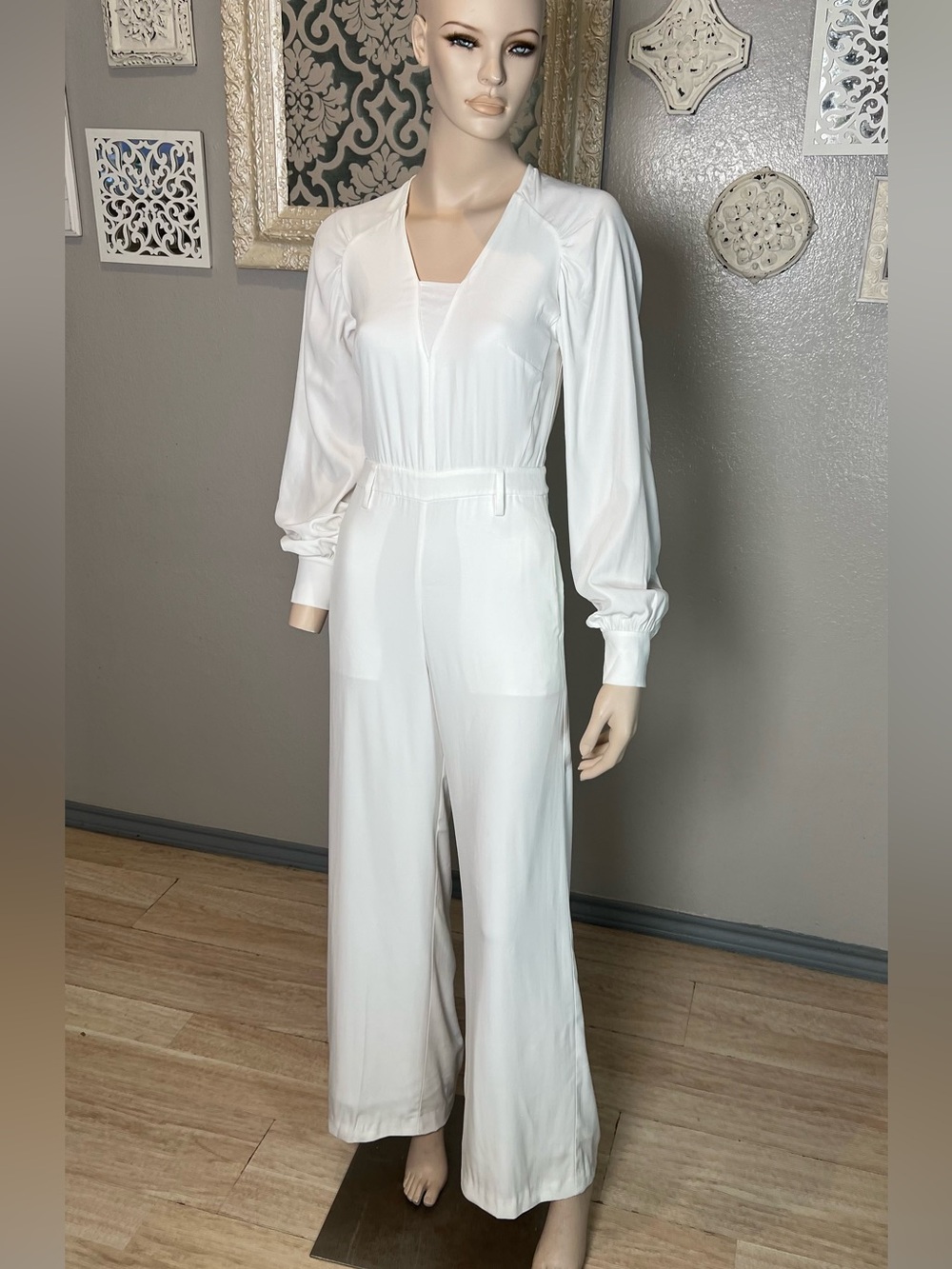 Reiss White Long-Sleeve V-Neck Jumpsuit